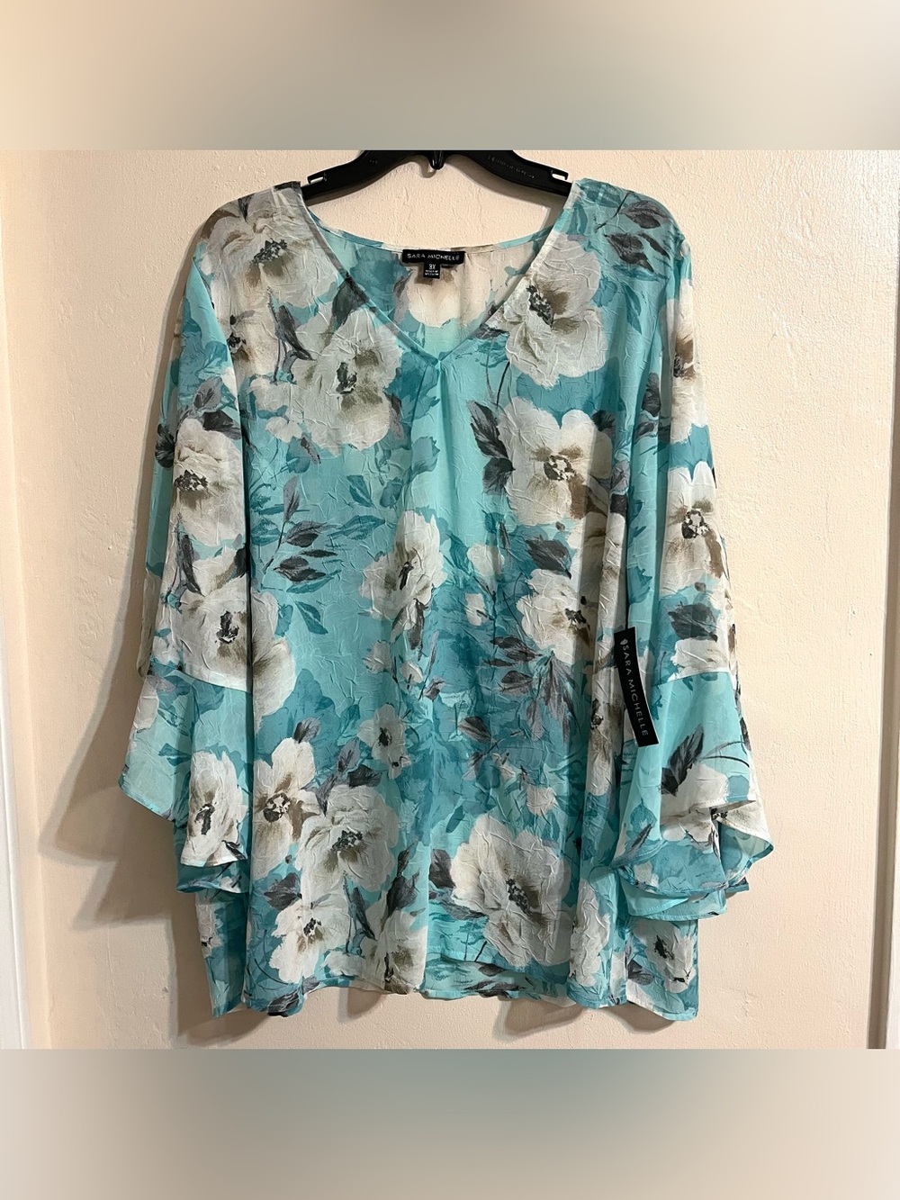 Sara Michelle Plus Size 3X Turquoise Floral Chiffon Blouse V-Neck Ruffle Sleeve